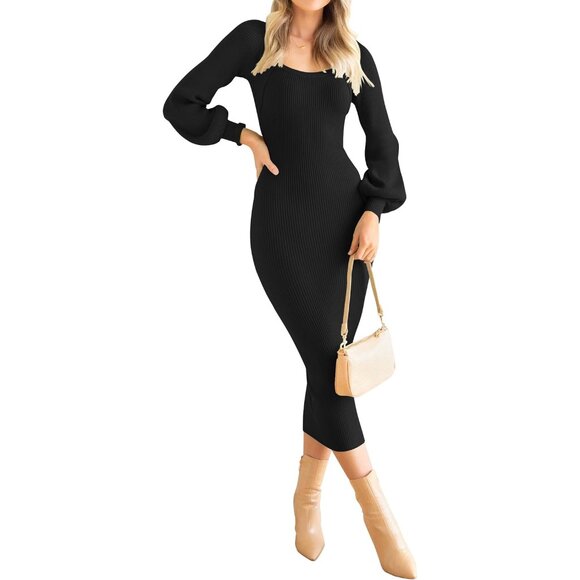 Women's Ribbed Knit Dress Long Sleeve Slim Fit Fall Winter Bodycon